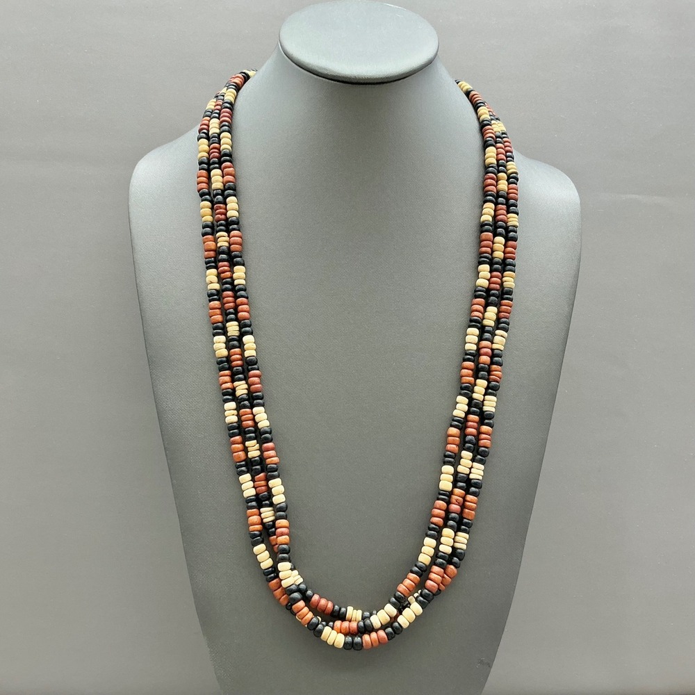 Beaded Necklace Women Multicolor Triple Strand Earthy Boho Natural Wood Style